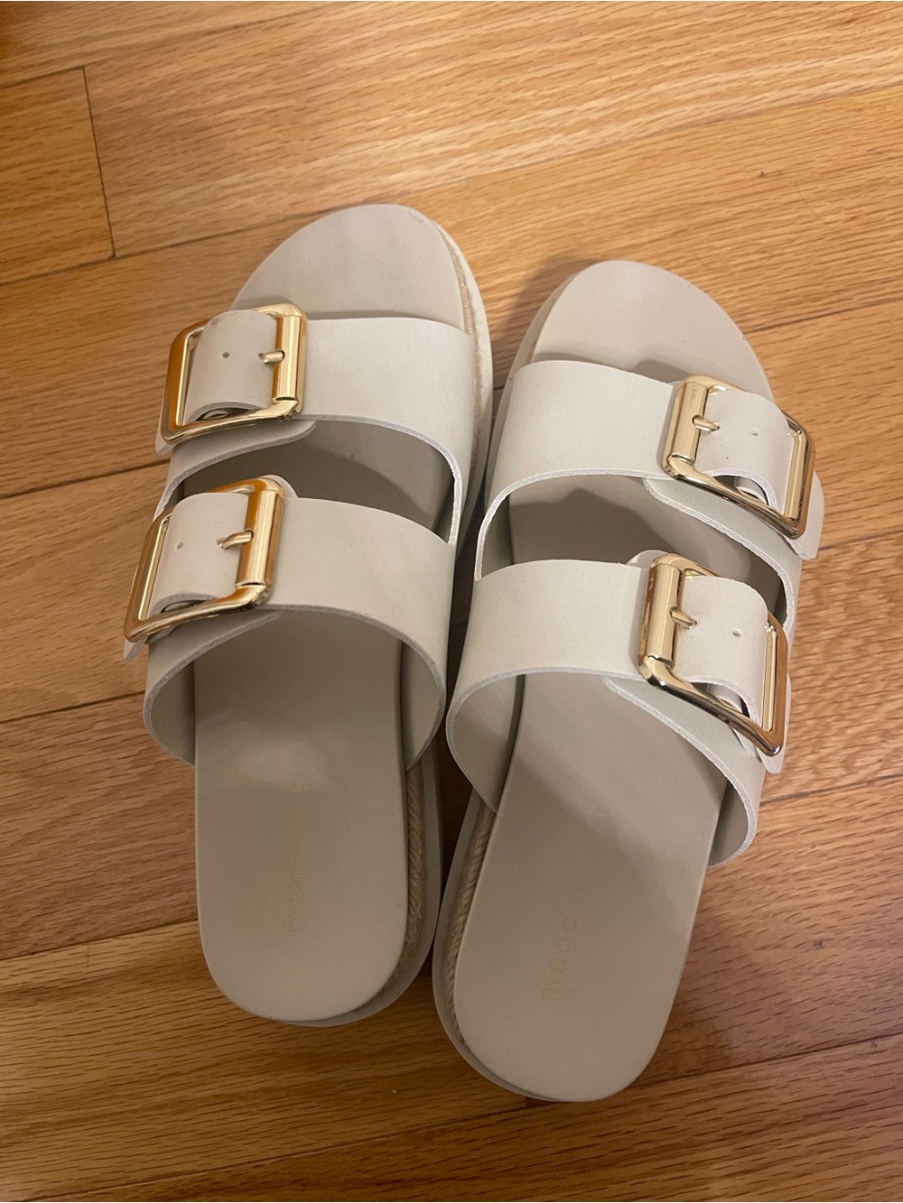 Women's Cream Double-Buckle Slide Sandals with Gold Buckles